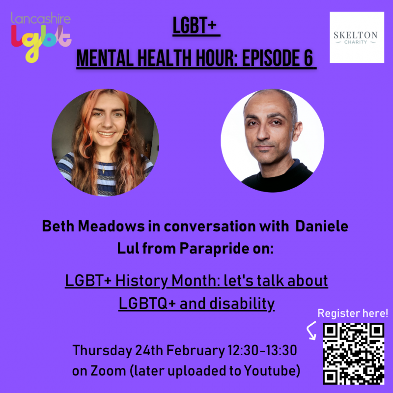 Flyer for LGBT+ mental Health Hour on 24 Feb.