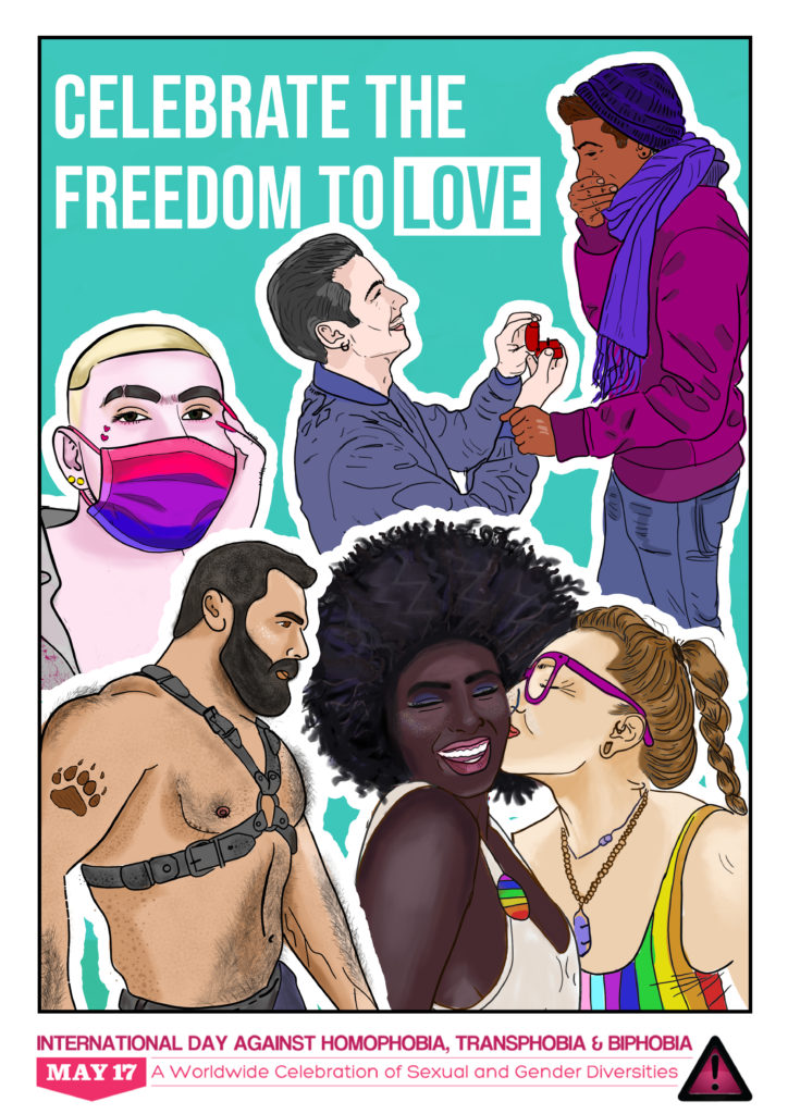 Poster depicting people of various ethnicities, genders and sexual orientations, with the caption "Celebrate the Freedom to Love"