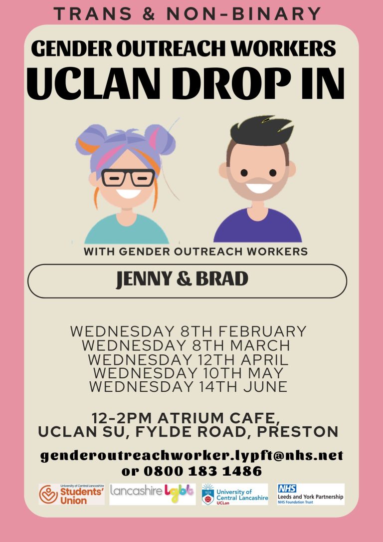 Poster advertising the monthly drop-in for trans and non-binary people at the Students Union at UCLAN.