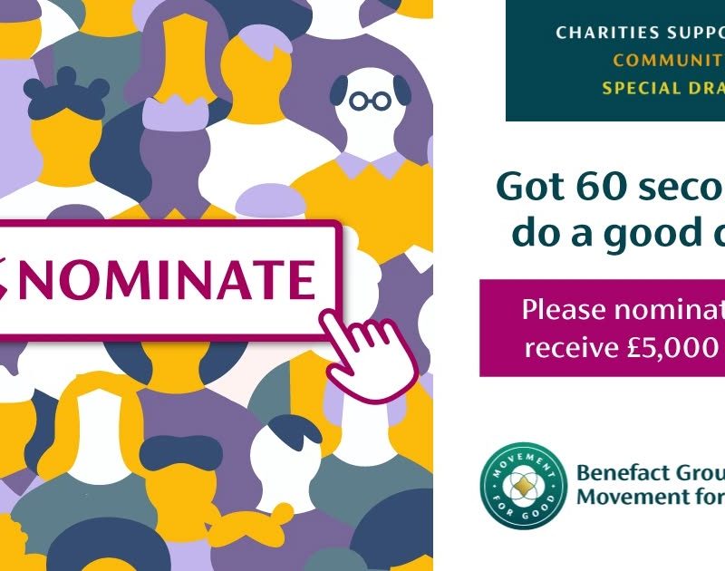 An graphic image where, to the left, is a square of cartoon people and a box with 'Nominate' in the centre of the people. To right, it says "Charities Supporting Community Special Draw. Got 60 Seconds to do a good deed? Please nominate us to receive £5000 today! Benefact Group Movement for Good."