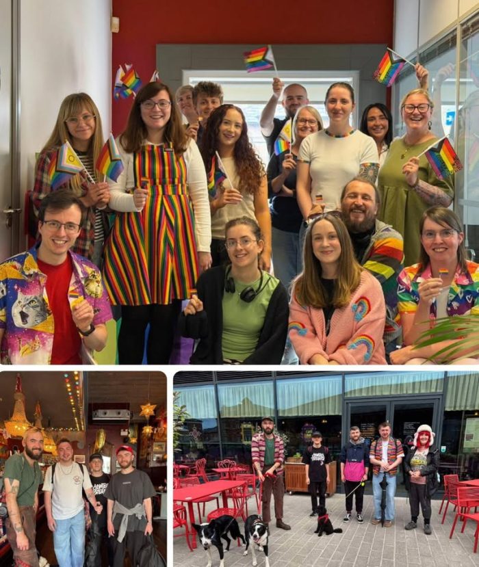 Three photos from our fundraisers in a collage where one photo is on top, and two photos are on the bottom. Upper image: a group a colleagues from Chiptech UK wearing rainbow coloured clothing for their bake sale fundraiser. Bottom left: Four male colleagues from Argento lounge smiling together after completing a Sponsored walk from Preston to Blackpool. Bottom right: 4 male colleagues and 1 female colleague stood outside Argento Longue smiling as they get ready for their sponsored walk.