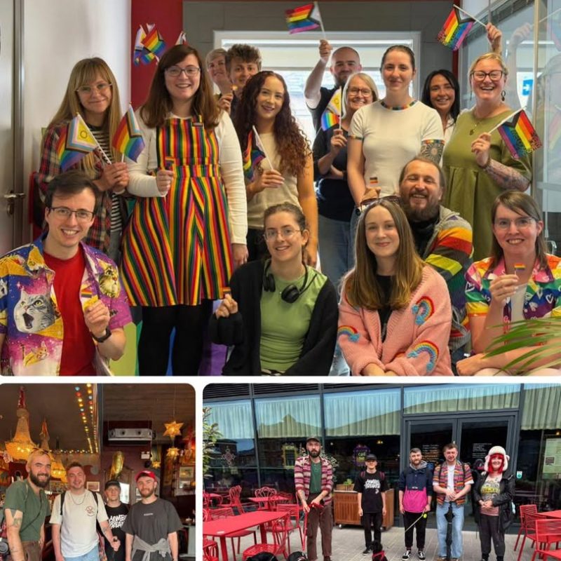 Three photos from our fundraisers in a collage where one photo is on top, and two photos are on the bottom. Upper image: a group a colleagues from Chiptech UK wearing rainbow coloured clothing for their bake sale fundraiser. Bottom left: Four male colleagues from Argento lounge smiling together after completing a Sponsored walk from Preston to Blackpool. Bottom right: 4 male colleagues and 1 female colleague stood outside Argento Longue smiling as they get ready for their sponsored walk.